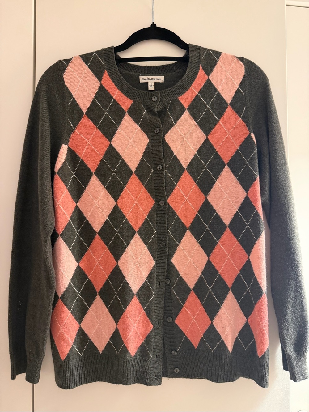 croft & barrow Olive Green Sweater Cardigan with Pink Argyle